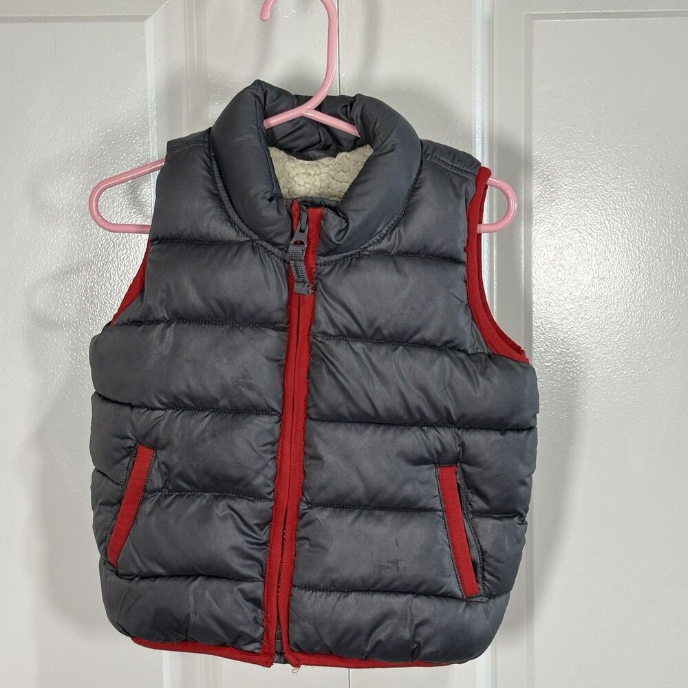 Old Navy Puffer Vest Toddler Boys 18-24M Sherpa Lined Red Gray Cozy Winter